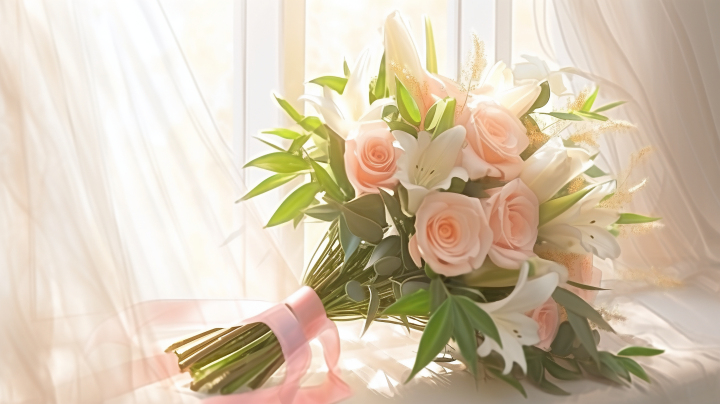 柔美婚礼粉白色花束摄影版权图片下载