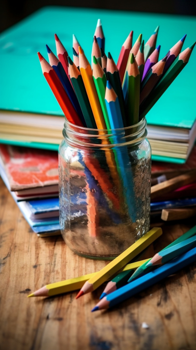 课桌上的彩色铅笔和素描本摄影图片