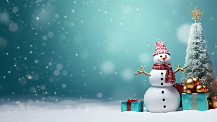 圣诞树小雪人节日氛围摄影图版权图片下载