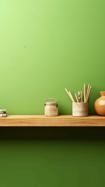 木制桌面学习用品放在绿色墙前的摄影版权图片下载