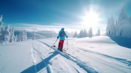 阳光普照的滑雪日美景摄影图片