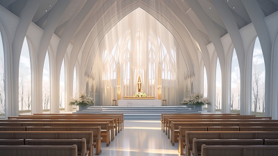 自然光照耀下的圣洁白色教堂摄影图