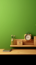绿色墙面前的木质书桌摄影图片