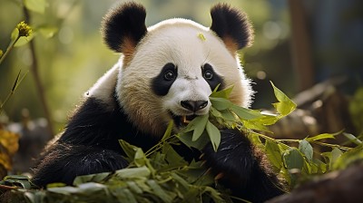 自然环境中吃竹叶的熊猫摄影图片