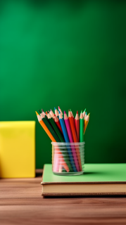 素描本和彩色铅笔放在木桌上摄影图片