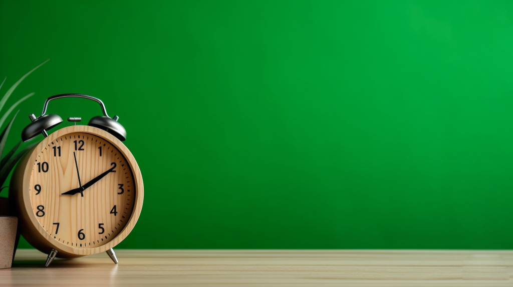 绿墙背景下的木质时钟摄影版权图片下载