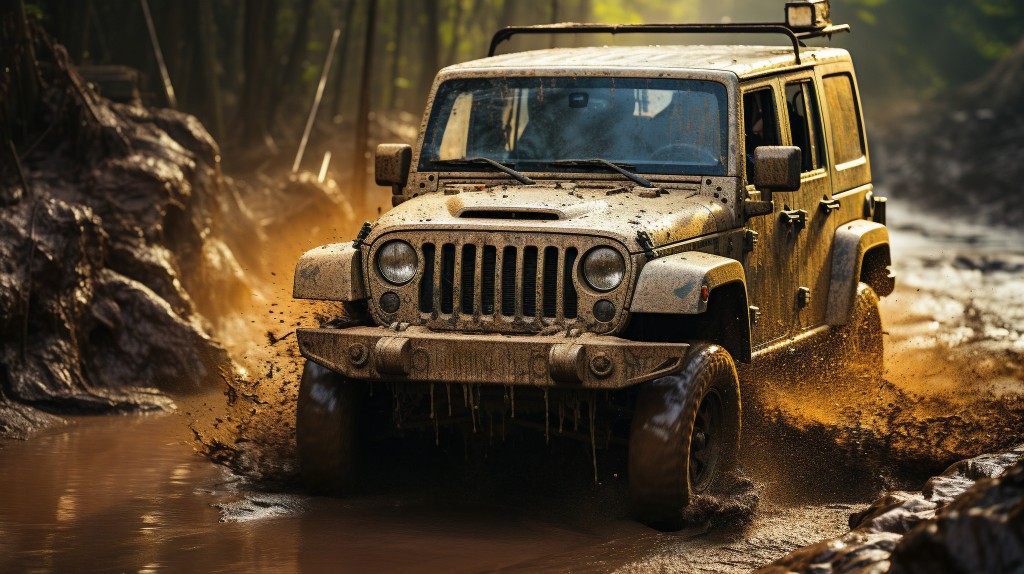 吉普车穿越泥泞河流摄影图