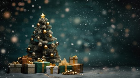 星空绿色圣诞树礼物摄影图片