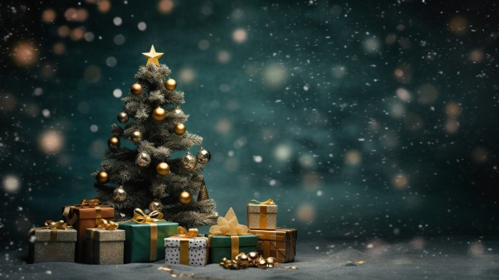 星空绿色圣诞树礼物摄影版权图片下载