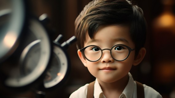7岁亚洲男孩眼科检查摄影图