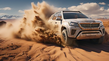 白色SUV穿越沙漠的摄影图片