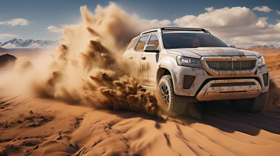 白色SUV穿越沙漠的摄影图片