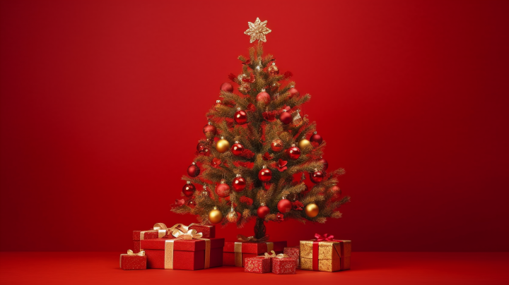 中国风圣诞树礼物红色背景摄影版权图片下载