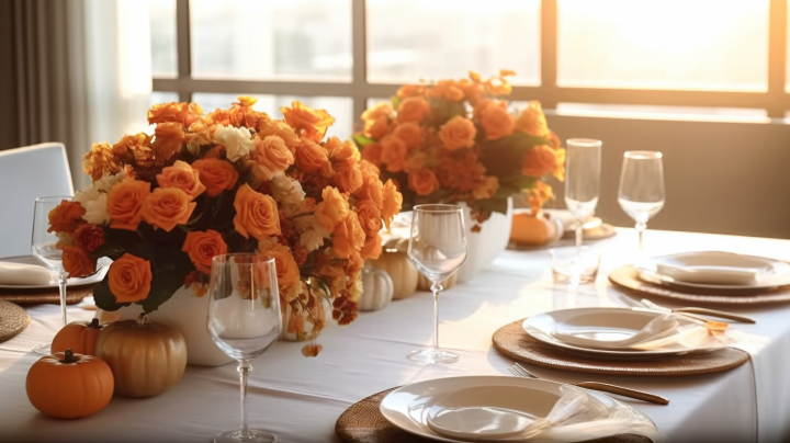 橙花点缀的婚礼餐桌摄影版权图片下载