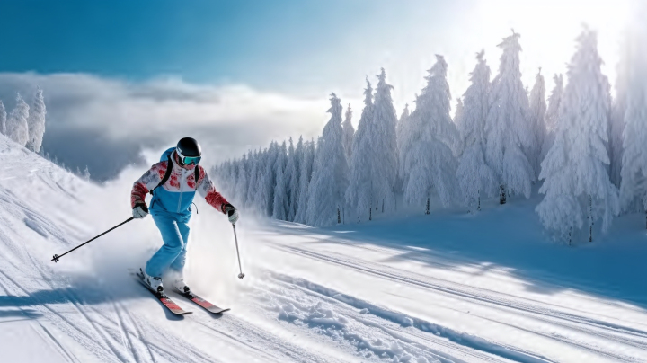 阳光下的单独滑雪摄影图版权图片下载