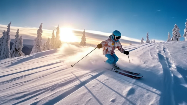 阳光下的滑雪美景摄影图版权图片下载