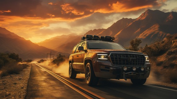 沙漠夕阳下的SUV摄影图