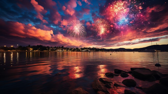 湖面上的绚丽烟火摄影图片