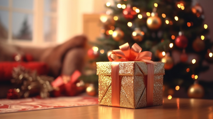 圣诞树前的圣诞礼盒和红丝带摄影版权图片下载