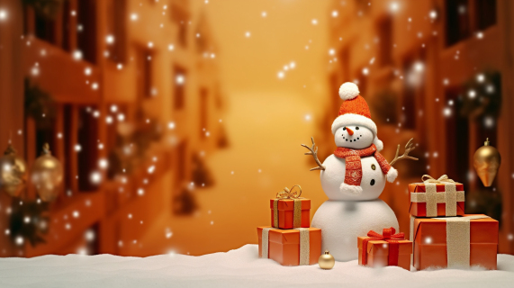 冬日雪人装饰红色礼品盒摄影图片