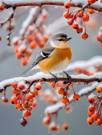 寒冷氛围雪中枝上的鸟摄影图