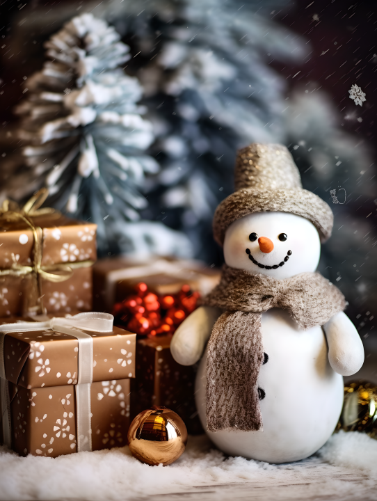 可爱雪人和棕色礼品包装盒摄影版权图片下载