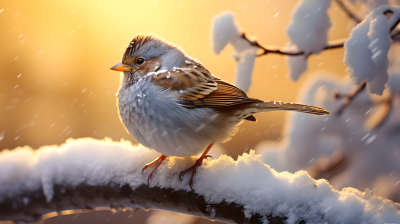 雪中分支上的鸟摄影图片
