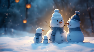 自然光照下的家庭雪人摄影图片