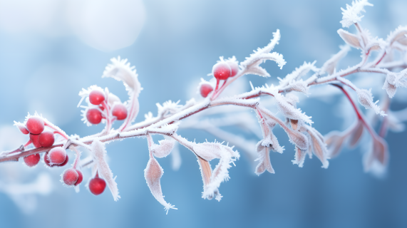 冰霜植物枝条在蓝色背景下的摄影图片
