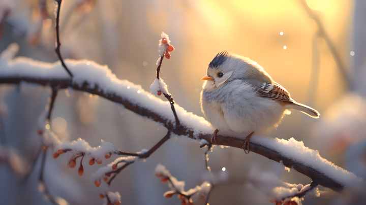 冬天的雪枝小胖鸟摄影图版权图片下载
