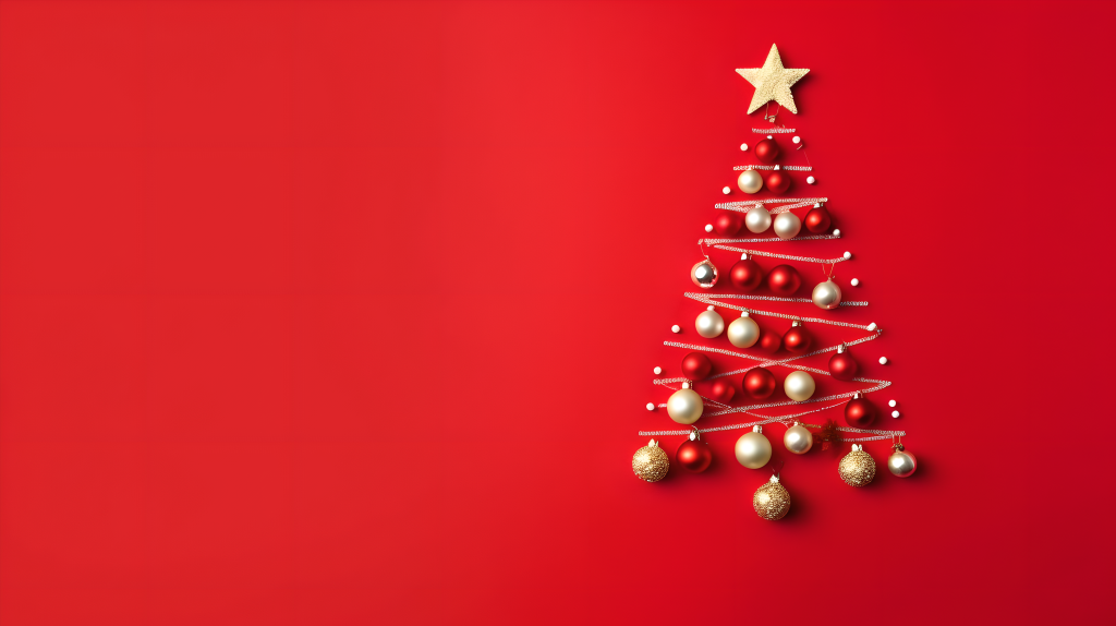 创意圣诞球布置的圣诞树红色背景摄影图