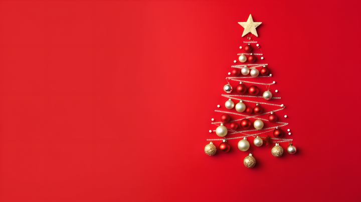 创意圣诞球布置的圣诞树红色背景摄影图版权图片下载