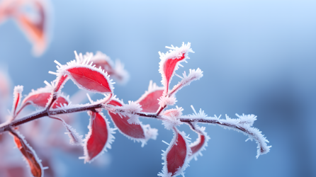 冻结植物枝条在蓝色背景中的冰霜植物摄影图
