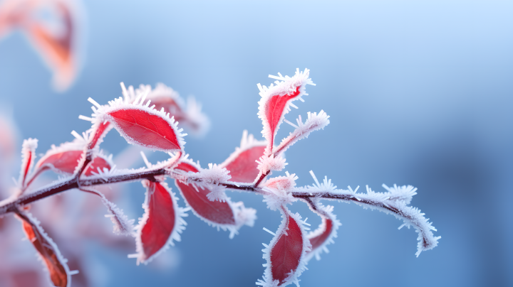冻结植物枝条在蓝色背景中的冰霜植物摄影图版权图片下载