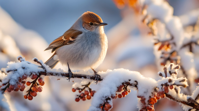 雪中枝上的鸟特写摄影图