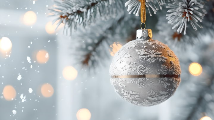 圣诞树近景白色圣诞装饰球摄影版权图片下载