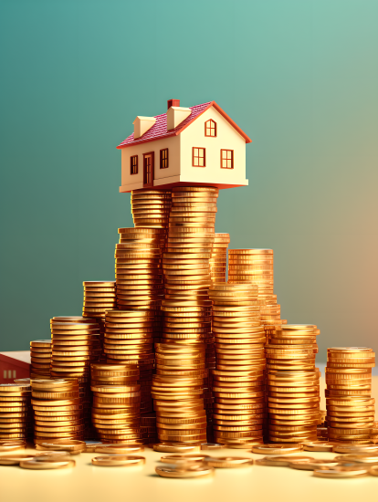 金币堆上的小房子摄影图