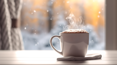 冬日窗边的一杯热可可美味至极摄影图