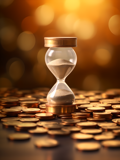 金色沙漏旁叠起的几十枚硬币摄影图