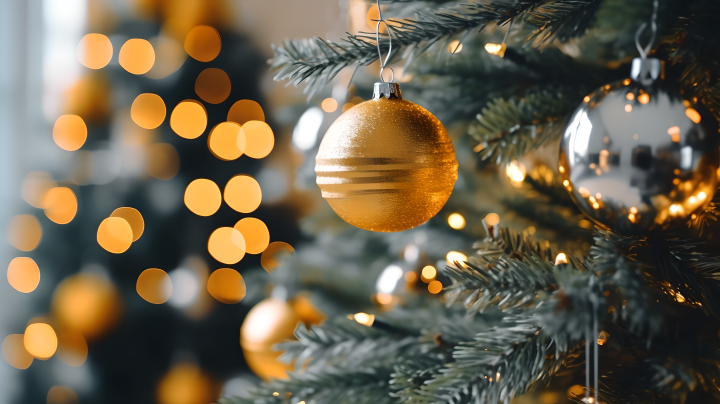 橙色灯光光影圣诞树装饰球摄影版权图片下载