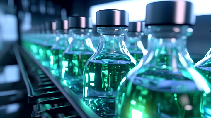 绿色液体玻璃药瓶全自动传送线摄影版权图片下载