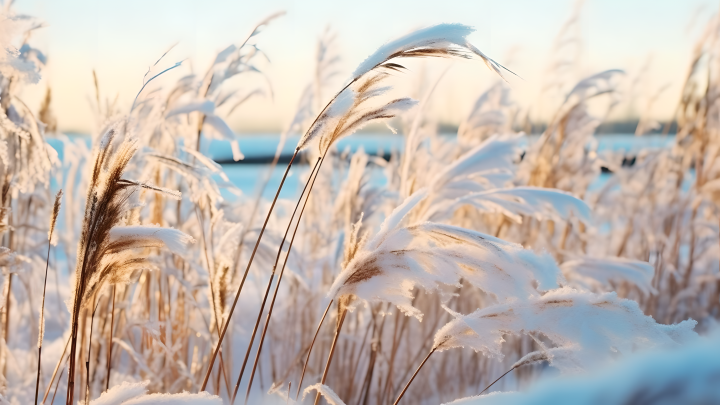 冬日飘雪覆盖的芦苇地摄影版权图片下载