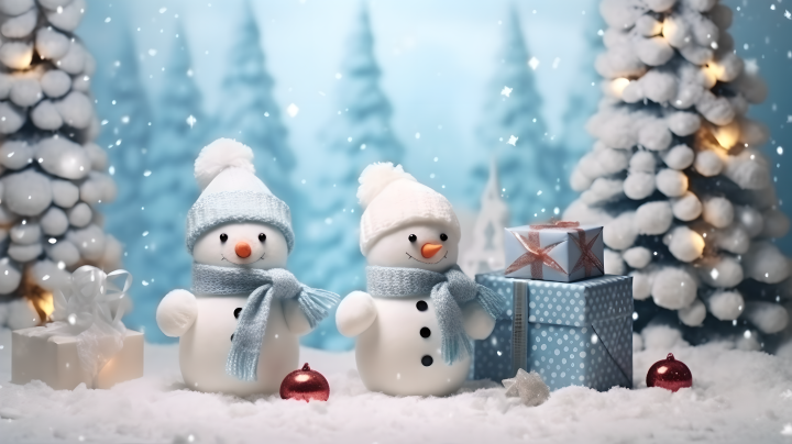 家庭聚会圣诞树和雪人装饰摄影版权图片下载