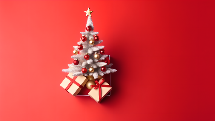 俯拍圣诞树和礼物摄影版权图片下载