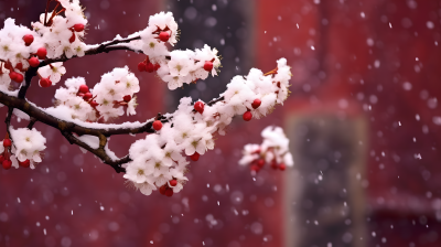 冬季明艳红墙山茶花近景摄影图