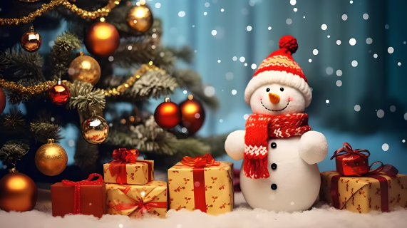 圣诞树下的礼物与装饰雪人摄影图片