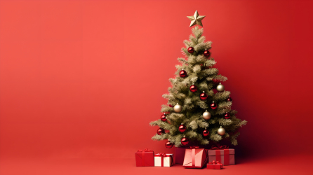 红色背景下的圣诞树礼物摄影图片