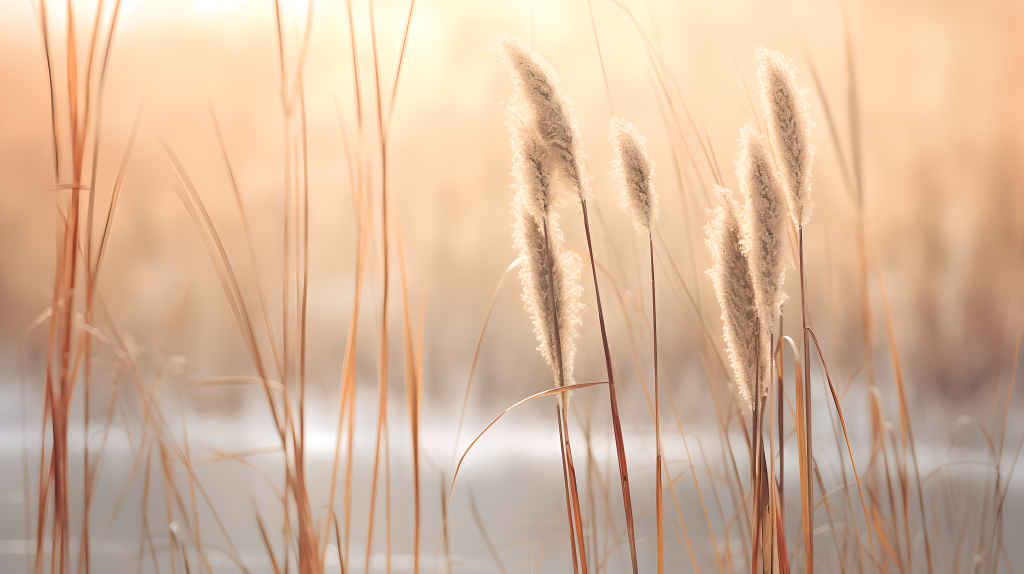 湖畔处的芦苇近景摄影图