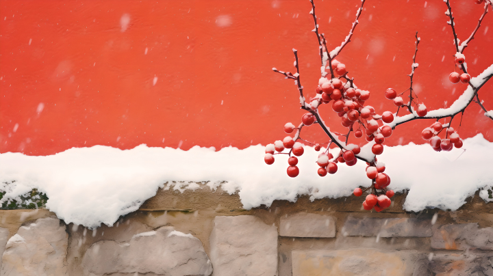 冬日明艳的红墙浆果摄影图版权图片下载