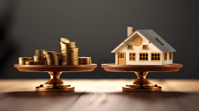 金币和房子放在托盘上摄影图